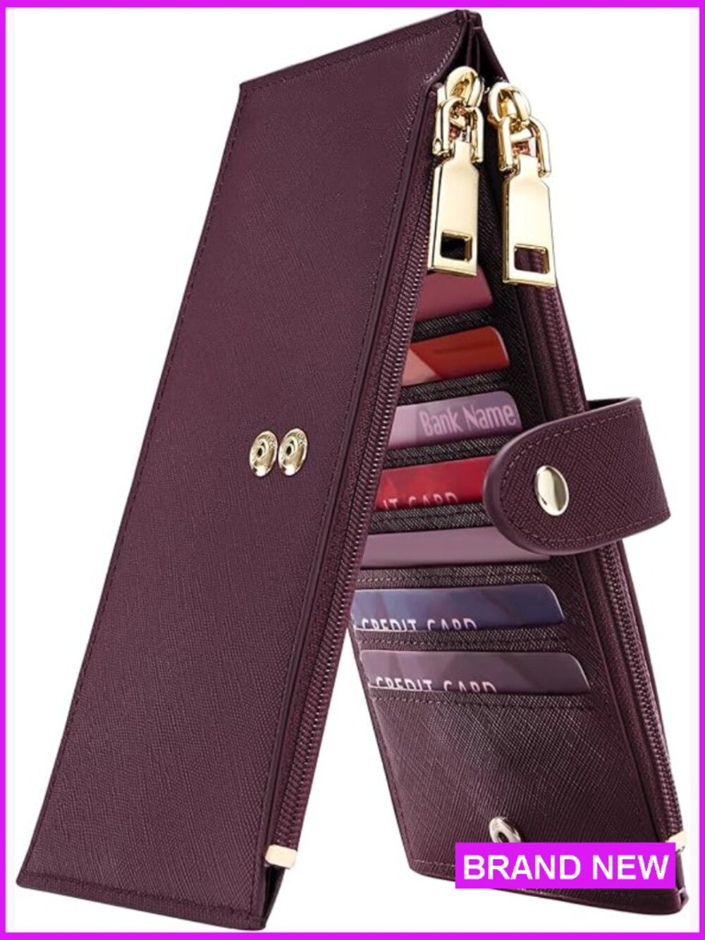 Large RFID Bifold Wallet Women's Leather Zipper Pocket Multi Card Holder Minimal